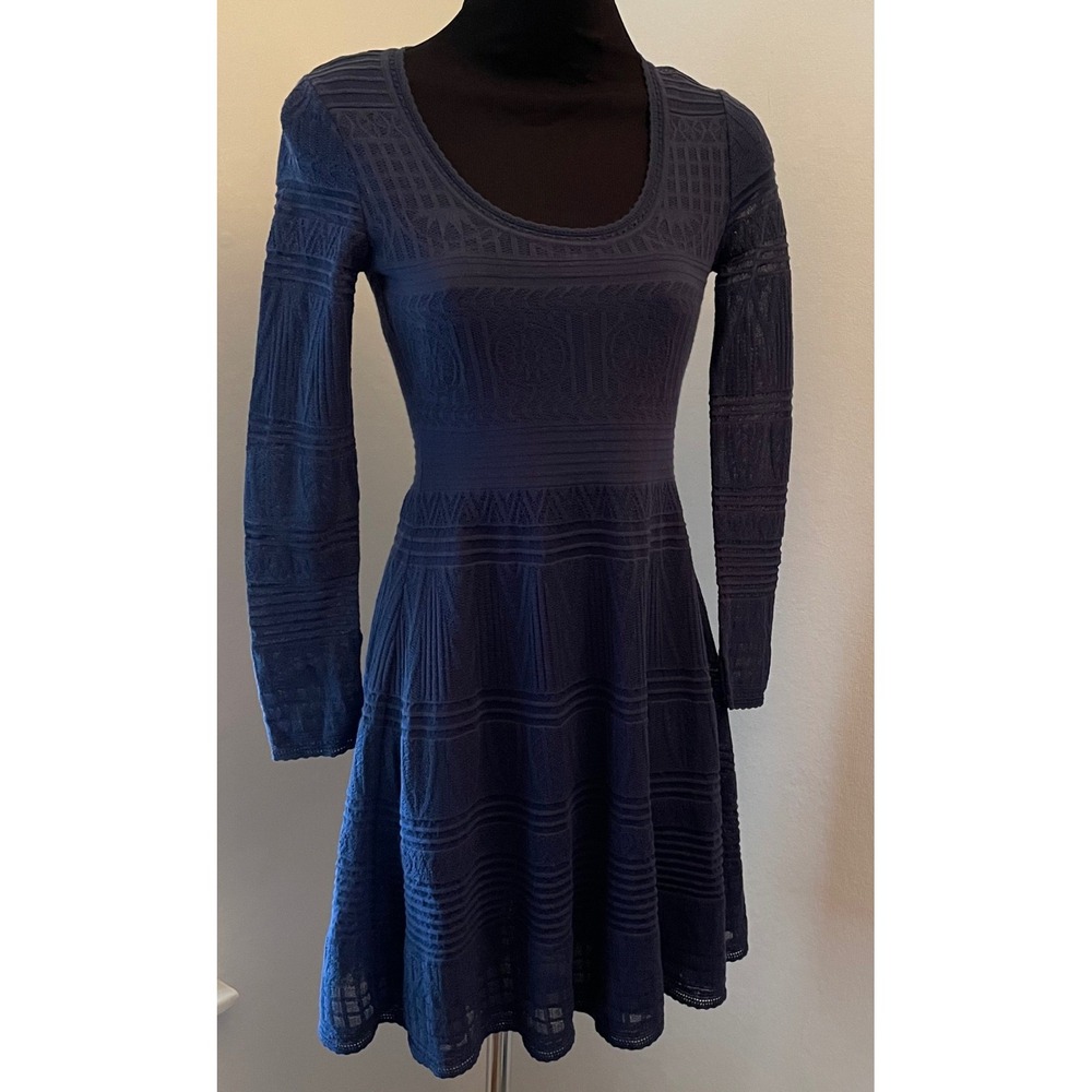 M‎ Missoni Navy Blue Pointelle Knit Long Sleeve Fit and Flare Dress Size 36